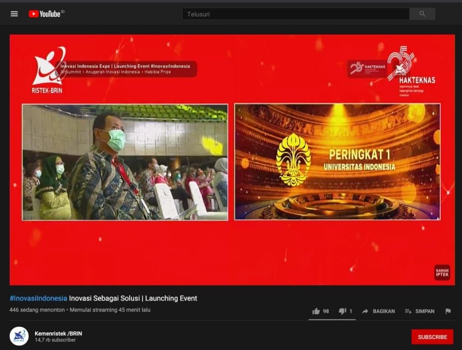 UI Raih Penghargaan Perguruan Tinggi Inovatif Peringkat Pertama di Kategori Manajemen Inovasi