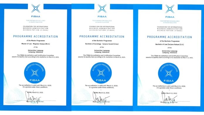 Wujudkan Standar Global, Tiga Prodi Unila Raih Akreditasi Internasional FIBAA