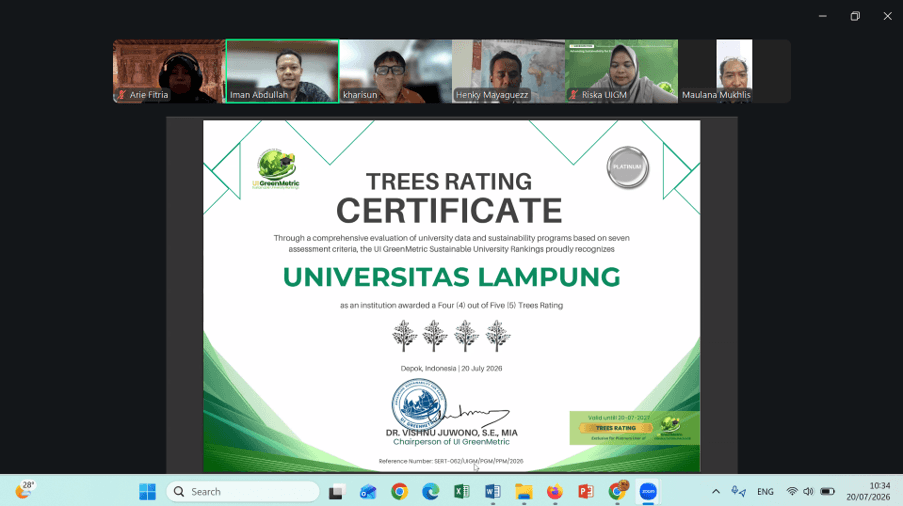 Unila Raih Trees Rating Certificate UI GreenMetric, Perkuat Komitmen Mewujudkan Kampus Berkelanjutan